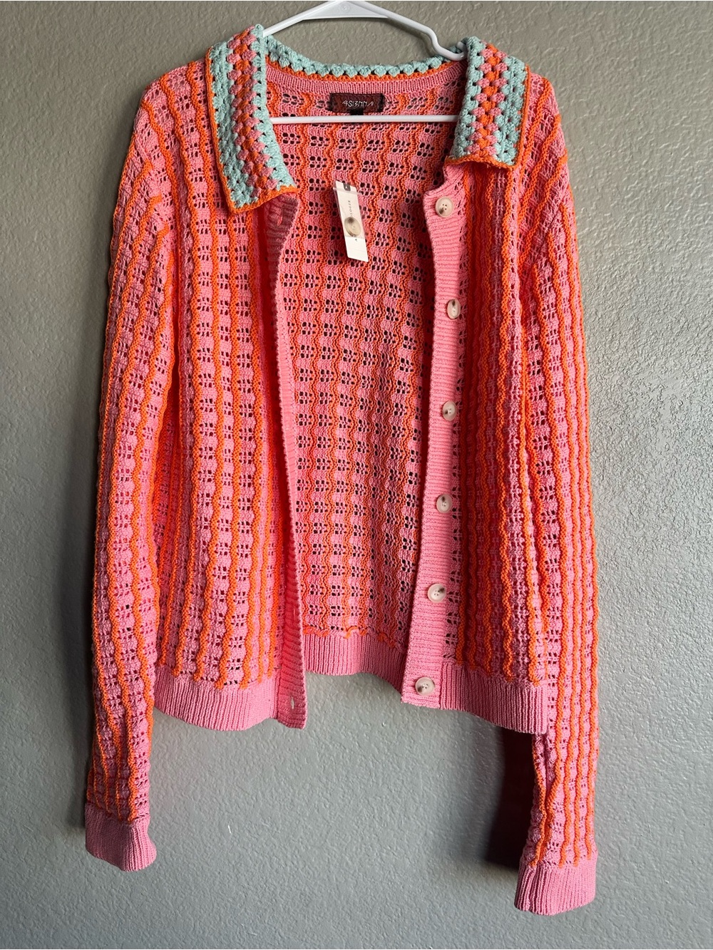 Anthropologie Pink and Orange Crochet-Style Button Cardigan with Mint Collar